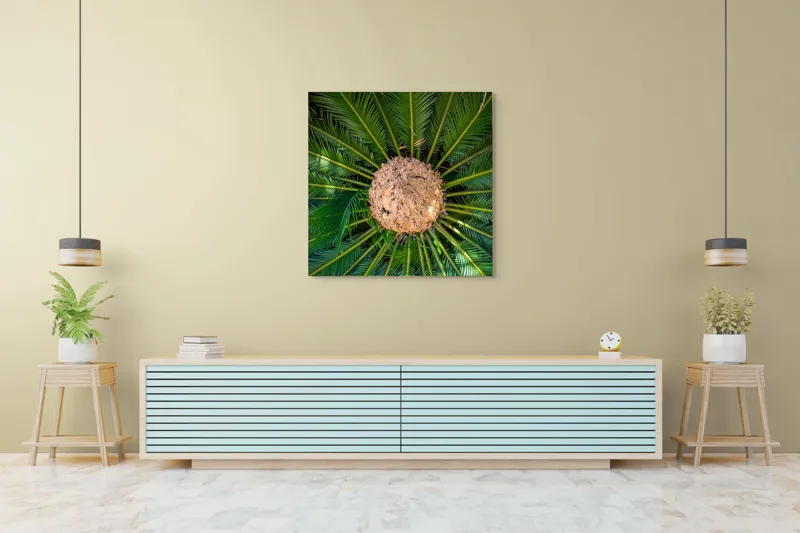 Tablou Canvas, "Planta exotică în raze verzi", Frunze, Simetrie, Verde, Central, Textură, Natură, Lumină, Exotică, 100 x 100 cm – poza 5