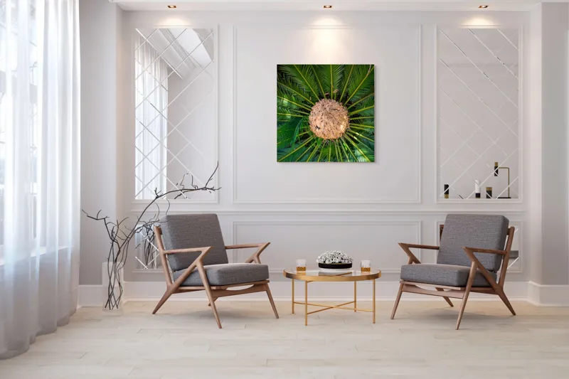 Tablou Canvas, "Planta exotică în raze verzi", Frunze, Simetrie, Verde, Central, Textură, Natură, Lumină, Exotică, 100 x 100 cm – poza 7