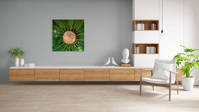 Tablou Canvas, "Planta exotică în raze verzi", Frunze, Simetrie, Verde, Central, Textură, Natură, Lumină, Exotică, 100 x 100 cm – poza 8