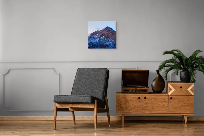 Tablou Canvas, "Muntele la răsăritul soarelui luminos", Măreție, Rugozitate, Seninătate, Frig, Măreție, Liniște, 50 x 50 cm – poza 6
