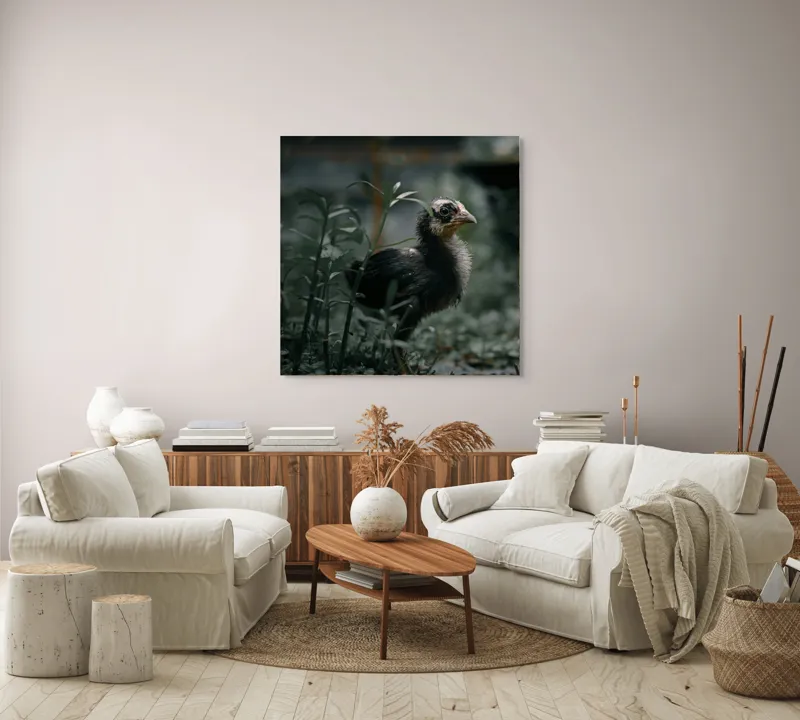 Tablou Canvas, "Pui de găină printre ierburi verzi", Pui, Verdeață, Umbră, Natură, Privire, Plante, Curiozitate, Tăcere, 100 x 100 cm – poza 3