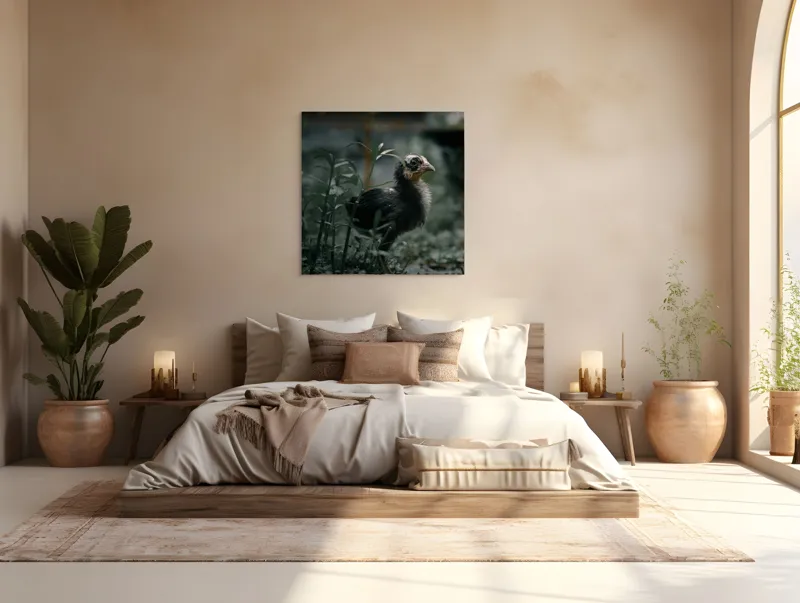 Tablou Canvas, "Pui de găină printre ierburi verzi", Pui, Verdeață, Umbră, Natură, Privire, Plante, Curiozitate, Tăcere, 100 x 100 cm – poza 4