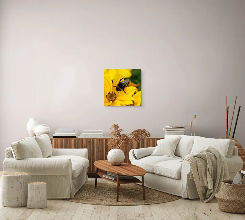 Tablou Canvas, "Albina harnică pe floarea galbenă", Albina, Floare, Galben, Polen, Natură, Delicatețe, Viață, Viu, Zgomot, Zburătoare, 50 x 50 cm – poza 7