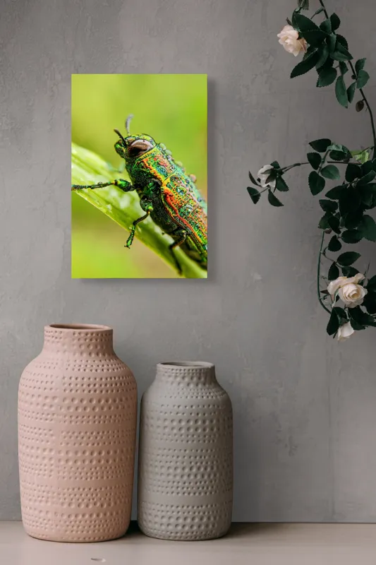 Tablou Canvas, "Gândacul strălucitor pe frunza verde", Picătură, Gândac, Verde, Irizat, Apropiere, Natură, Detaliu, Fascinație, 26 x 39 cm – poza 6