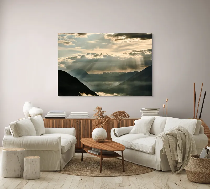 Tablou Canvas, "Raze de lumină peste munți", Raze, Nori, Munți, Peisaj, Lumină, Cer, Siluete, Ceață, 150 x 100 cm – poza 3