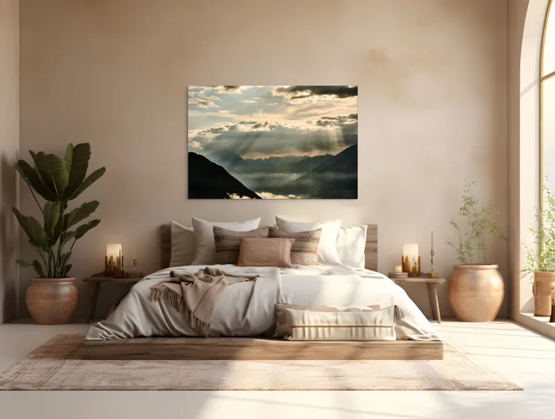 Tablou Canvas, "Raze de lumină peste munți", Raze, Nori, Munți, Peisaj, Lumină, Cer, Siluete, Ceață, 150 x 100 cm – poza 4