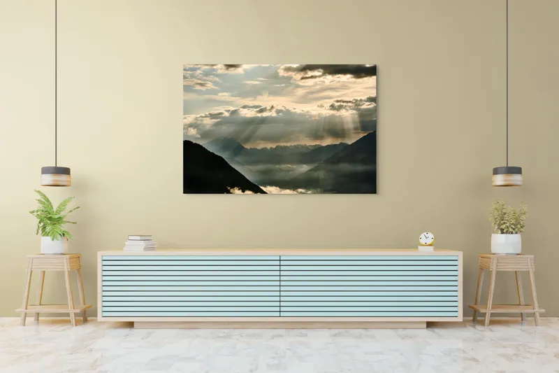 Tablou Canvas, "Raze de lumină peste munți", Raze, Nori, Munți, Peisaj, Lumină, Cer, Siluete, Ceață, 150 x 100 cm – poza 6