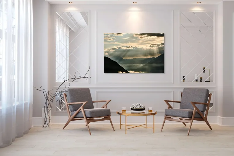Tablou Canvas, "Raze de lumină peste munți", Raze, Nori, Munți, Peisaj, Lumină, Cer, Siluete, Ceață, 150 x 100 cm – poza 7