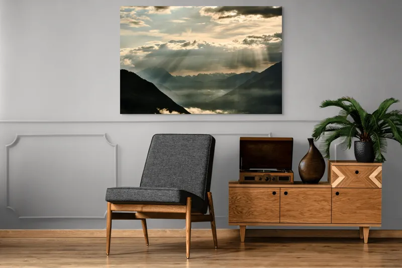 Tablou Canvas, "Raze de lumină peste munți", Raze, Nori, Munți, Peisaj, Lumină, Cer, Siluete, Ceață, 150 x 100 cm – poza 8