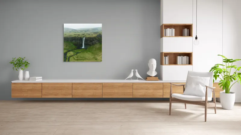 Tablou Canvas, "Cascada în peisajul verde islandez", Cascadă, Pajiște, Munte, Ceață, Râuri, Verde, Natură, Stâncă, Peisaj, Liniște, 100 x 100 cm – poza 8