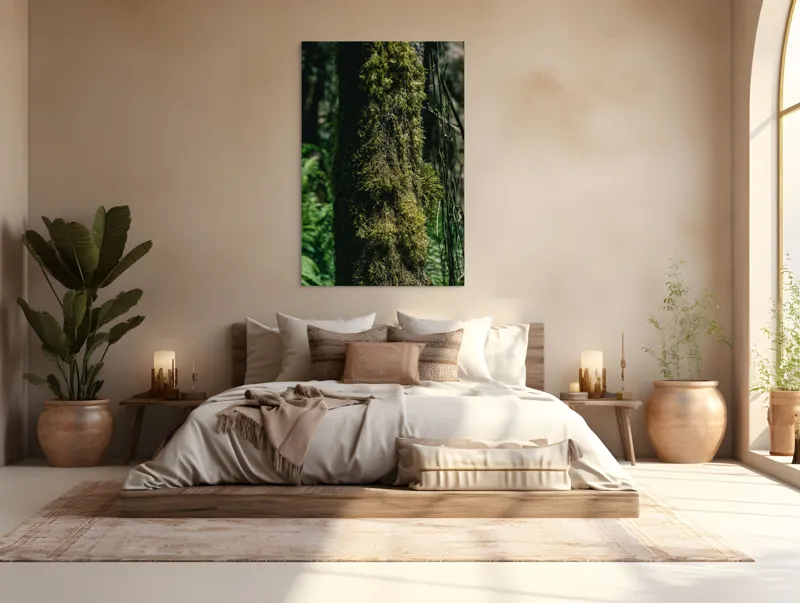 Tablou Canvas, "Trunchi acoperit de mușchi verde luxuriant", Mușchi, Trunchi, Pădure, Lumină, Umbre, Natură, Vegetație, Verde, Textură, Umiditate, 100 x 150 cm – poza 3