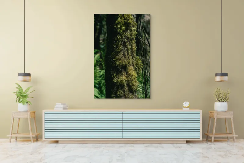 Tablou Canvas, "Trunchi acoperit de mușchi verde luxuriant", Mușchi, Trunchi, Pădure, Lumină, Umbre, Natură, Vegetație, Verde, Textură, Umiditate, 100 x 150 cm – poza 4