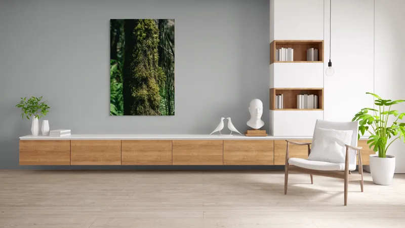 Tablou Canvas, "Trunchi acoperit de mușchi verde luxuriant", Mușchi, Trunchi, Pădure, Lumină, Umbre, Natură, Vegetație, Verde, Textură, Umiditate, 100 x 150 cm – poza 8
