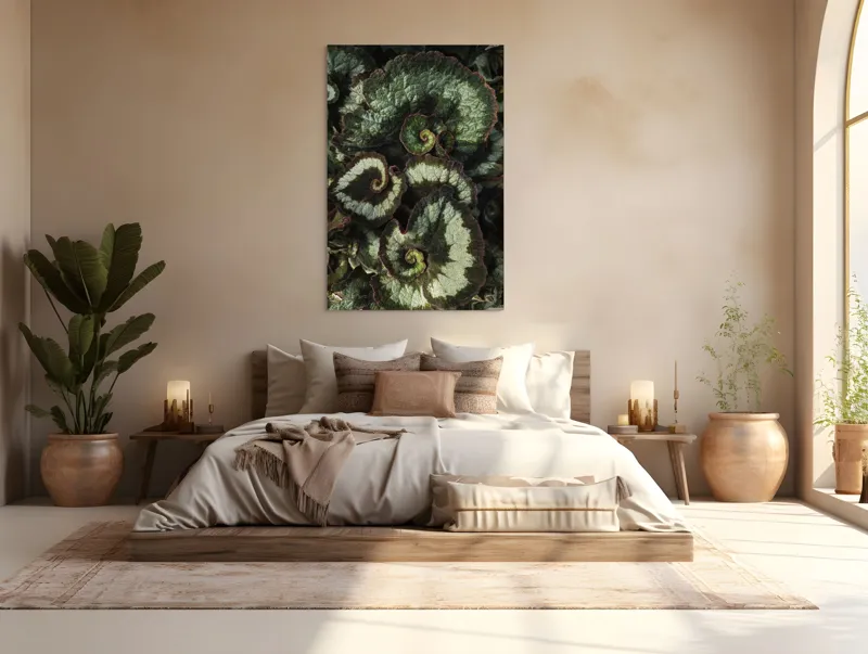 Tablou Canvas, "Frunzele spiralei naturale verzi și bordo", Frunze, Spirale, Verzi, Texturate, Marginite, Naturale, Vibrante, Detaliate, 100 x 150 cm – poza 3