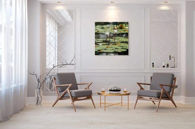 Tablou Canvas, "Nufăr în oglinda apei calme", Flori, Nufăr, Apă, Frunziș, Reflecție, Liniște, Natură, Delicatețe, 100 x 100 cm – poza 7