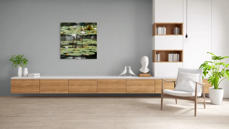 Tablou Canvas, "Nufăr în oglinda apei calme", Flori, Nufăr, Apă, Frunziș, Reflecție, Liniște, Natură, Delicatețe, 100 x 100 cm – poza 8