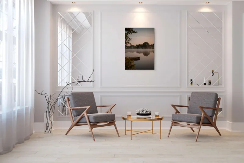 Tablou Canvas, "Răsăritul liniștit peste lacul mistuit", Pace, Reflecție, Răsărit, Copaci, Lac, Ceață, Serenitate, 70 x 100 cm – poza 8
