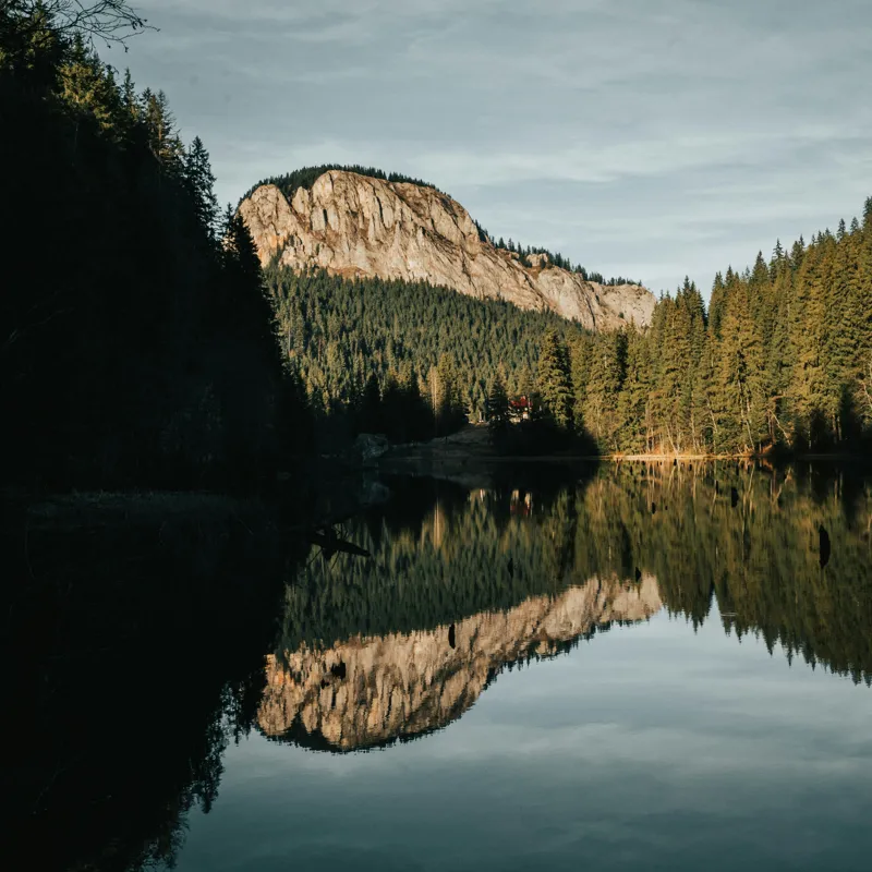Tablou Canvas, "Reflecții montane într-un lac liniștit", Natură, Liniște, Reflecție, Munte, Cer, Copaci, Apă, Peisaj, Împădurit, Calm., 50 x 50 cm – poza 2