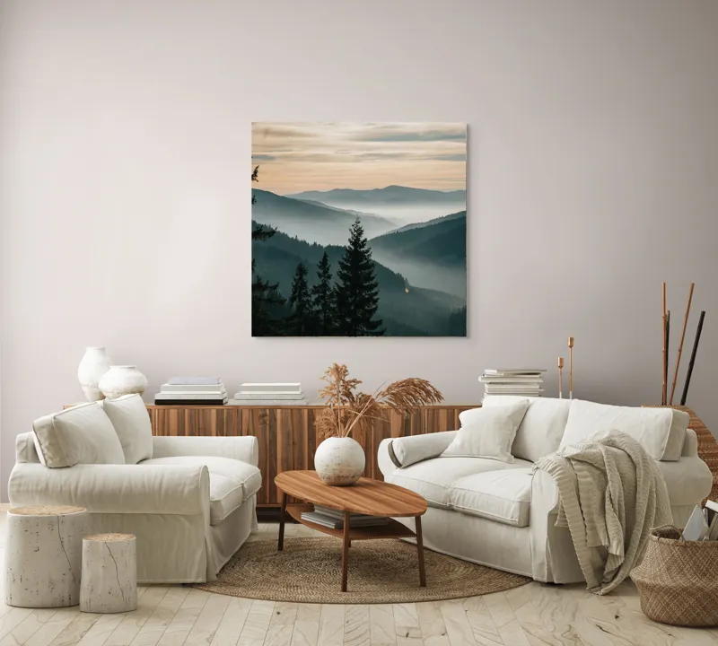 Tablou Canvas, "Misterele dimineții în munți liniștiți", Pădure, Munți, Ceață, Apus, Siluetă, Peisaj, Natură, Tranquilitate, Vârfuri, Cer, Umbre, 100 x 100 cm – poza 3