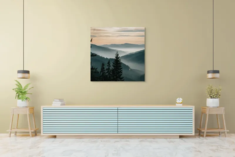 Tablou Canvas, "Misterele dimineții în munți liniștiți", Pădure, Munți, Ceață, Apus, Siluetă, Peisaj, Natură, Tranquilitate, Vârfuri, Cer, Umbre, 100 x 100 cm – poza 5