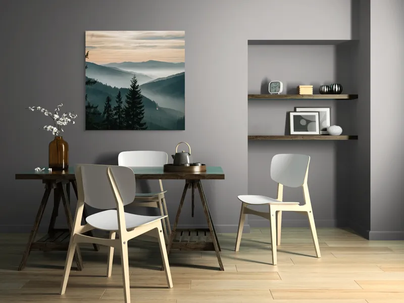 Tablou Canvas, "Misterele dimineții în munți liniștiți", Pădure, Munți, Ceață, Apus, Siluetă, Peisaj, Natură, Tranquilitate, Vârfuri, Cer, Umbre, 100 x 100 cm – poza 6