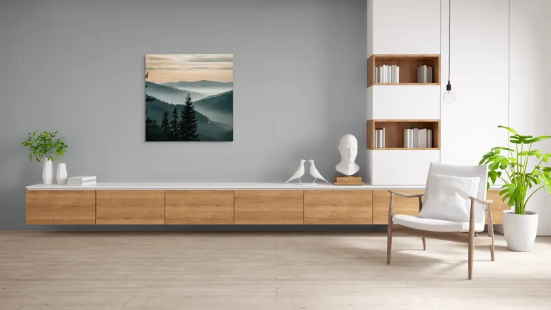 Tablou Canvas, "Misterele dimineții în munți liniștiți", Pădure, Munți, Ceață, Apus, Siluetă, Peisaj, Natură, Tranquilitate, Vârfuri, Cer, Umbre, 100 x 100 cm – poza 8