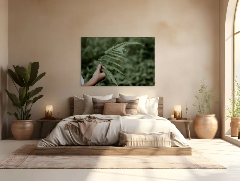 Tablou Canvas, "Frumusețea simplității naturale", Mână, Ferigă, Verde, Natură, Delicatețe, 150 x 100 cm – poza 4