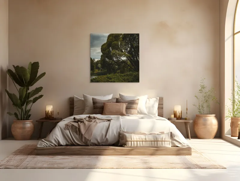 Tablou Canvas, "Copacul singuratic sub cer înnourat", Arbori, Frunziș, Cer, Noros, Peisaj, Verdeață, Natură, Tranquilitate, 100 x 100 cm – poza 4