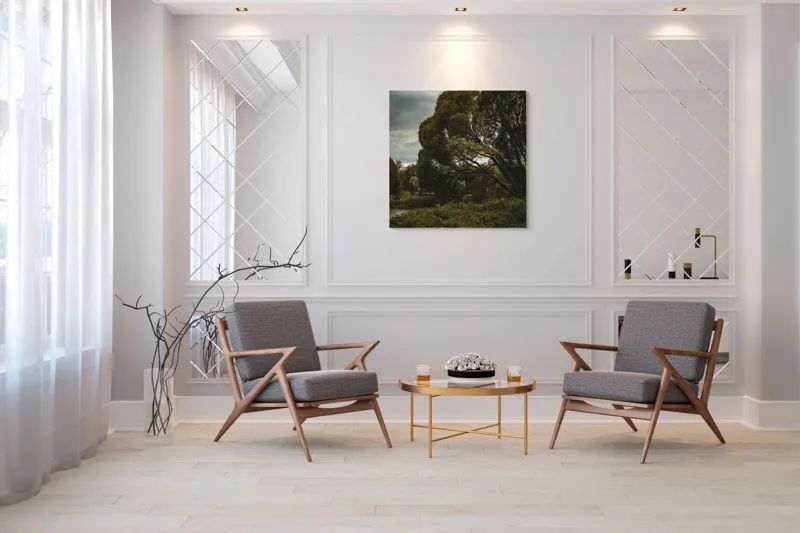 Tablou Canvas, "Copacul singuratic sub cer înnourat", Arbori, Frunziș, Cer, Noros, Peisaj, Verdeață, Natură, Tranquilitate, 100 x 100 cm – poza 7