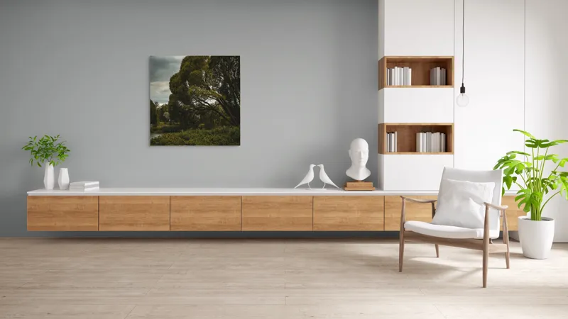 Tablou Canvas, "Copacul singuratic sub cer înnourat", Arbori, Frunziș, Cer, Noros, Peisaj, Verdeață, Natură, Tranquilitate, 100 x 100 cm – poza 8