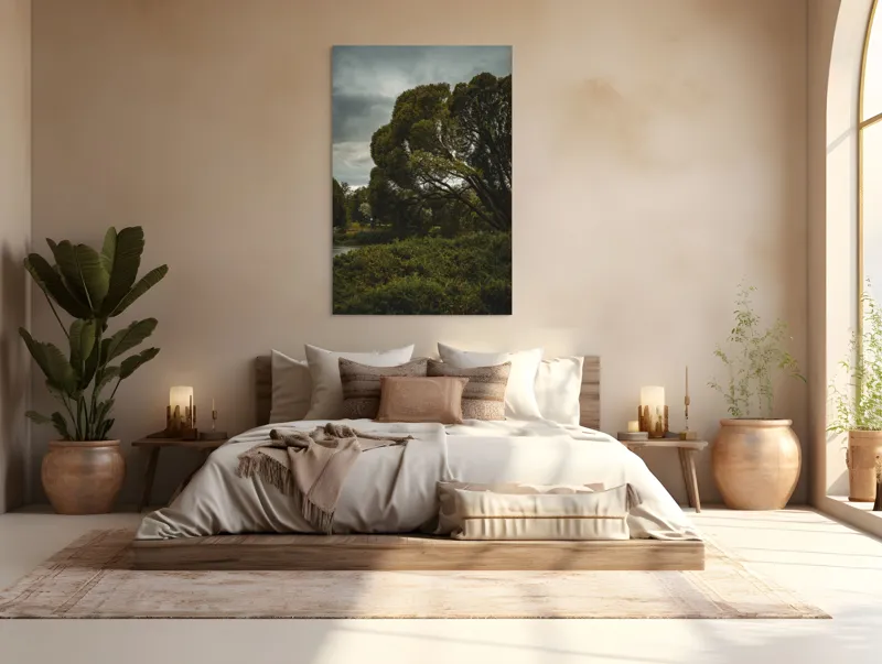 Tablou Canvas, "Copacul singuratic sub cer înnourat", Arbori, Frunziș, Cer, Noros, Peisaj, Verdeață, Natură, Tranquilitate, 100 x 150 cm – poza 3