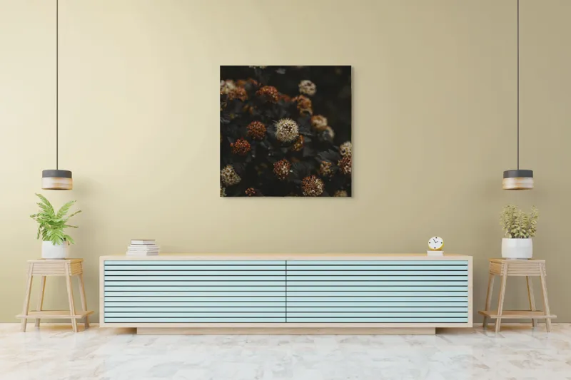 Tablou Canvas, "Flori misterioase în amurg tomnatic", Flori, Întunecate, Texturate, Contrastante, Ruginite, Bogate, Sferice, 100 x 100 cm – poza 5