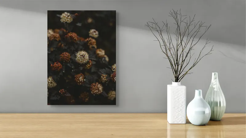 Tablou Canvas, "Flori misterioase în amurg tomnatic", Flori, Întunecate, Texturate, Contrastante, Ruginite, Bogate, Sferice, 39 x 54 cm – poza 4