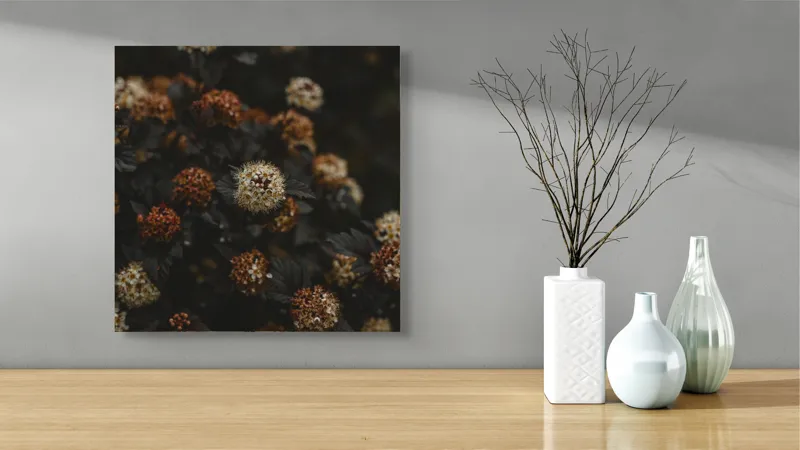 Tablou Canvas, "Flori misterioase în amurg tomnatic", Flori, Întunecate, Texturate, Contrastante, Ruginite, Bogate, Sferice, 50 x 50 cm – poza 3