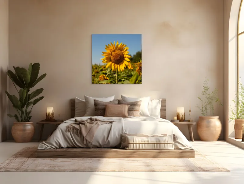 Tablou Canvas, "Floarea soarelui sub cerul albastru", Floare, Galben, Strălucire, Cer, Soare, Frunze, Frumusețe, Natură, Intensitate, Bucurie, 100 x 100 cm – poza 4