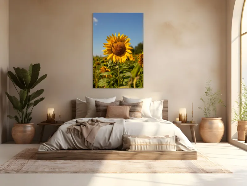 Tablou Canvas, "Floarea soarelui sub cerul albastru", Floare, Galben, Strălucire, Cer, Soare, Frunze, Frumusețe, Natură, Intensitate, Bucurie, 100 x 150 cm – poza 3