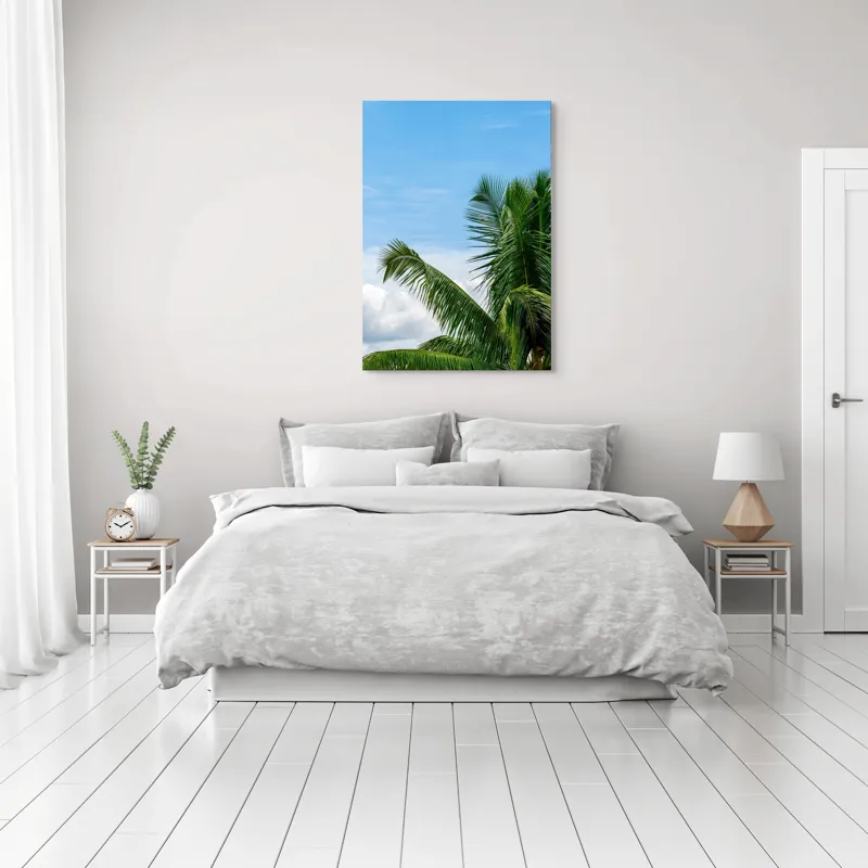 Tablou Canvas, "Vânt printre frunzele palmierilor", Cocotier, Frunze, Cer, Nori, Verde, Albastru, Tropical, Soare, Natura, Peisaj, 70 x 100 cm – poza 3