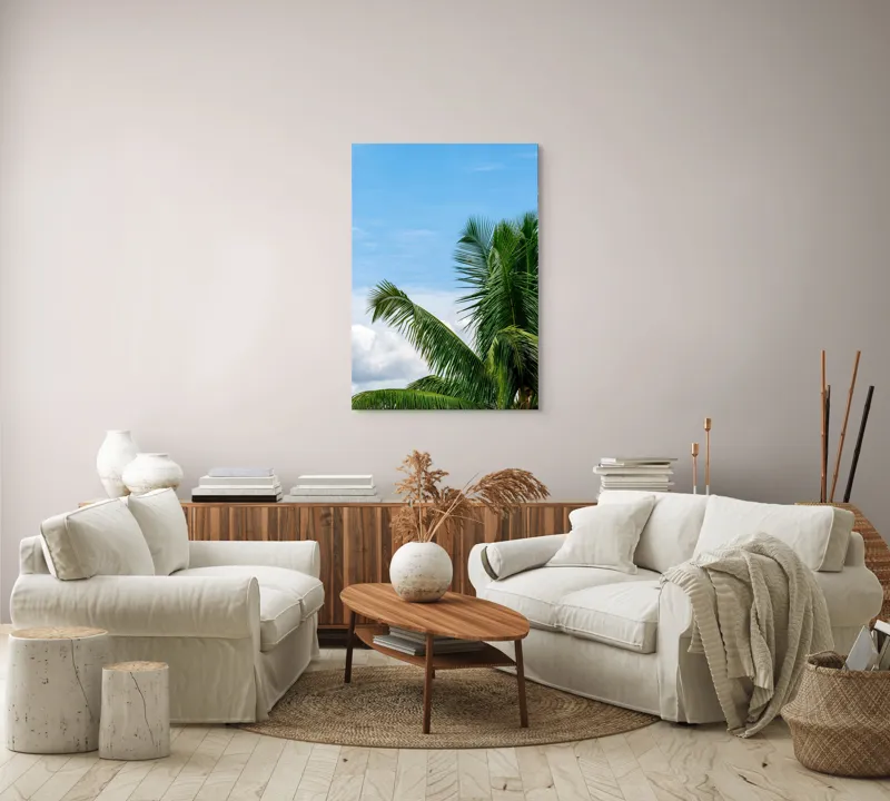 Tablou Canvas, "Vânt printre frunzele palmierilor", Cocotier, Frunze, Cer, Nori, Verde, Albastru, Tropical, Soare, Natura, Peisaj, 70 x 100 cm – poza 4