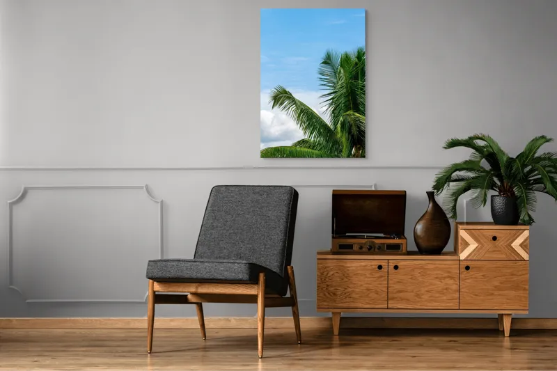 Tablou Canvas, "Vânt printre frunzele palmierilor", Cocotier, Frunze, Cer, Nori, Verde, Albastru, Tropical, Soare, Natura, Peisaj, 70 x 100 cm – poza 6