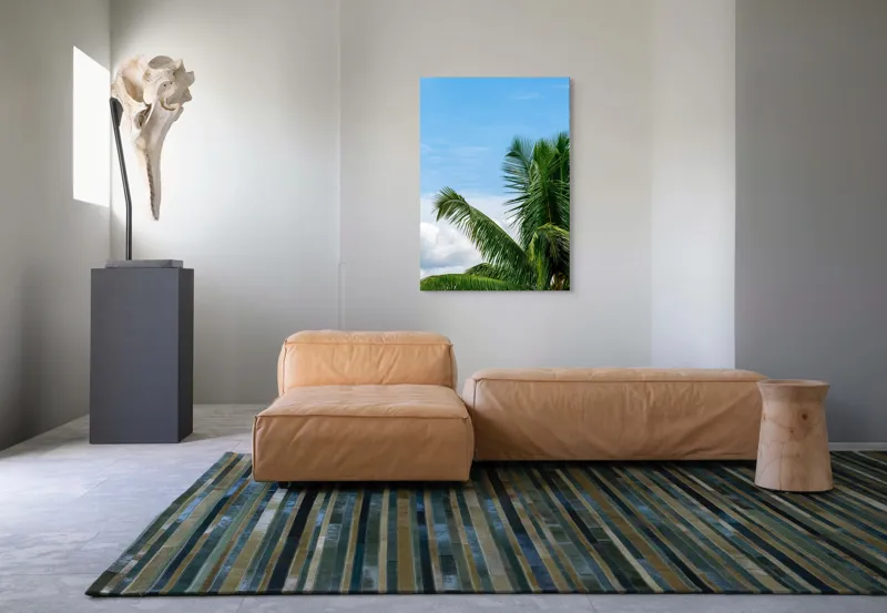 Tablou Canvas, "Vânt printre frunzele palmierilor", Cocotier, Frunze, Cer, Nori, Verde, Albastru, Tropical, Soare, Natura, Peisaj, 70 x 100 cm – poza 7