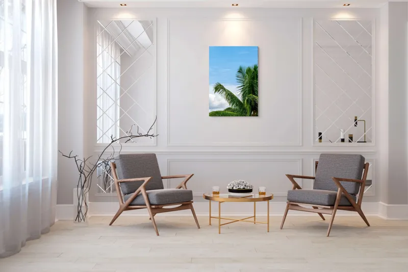 Tablou Canvas, "Vânt printre frunzele palmierilor", Cocotier, Frunze, Cer, Nori, Verde, Albastru, Tropical, Soare, Natura, Peisaj, 70 x 100 cm – poza 8