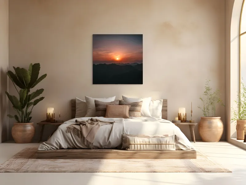 Tablou Canvas, "Soarele apus peste munții misterioși", Apus, Munți, Siluetă, Cer, Noros, Portocaliu, Calm, Întindere, Umbre., 100 x 100 cm – poza 4