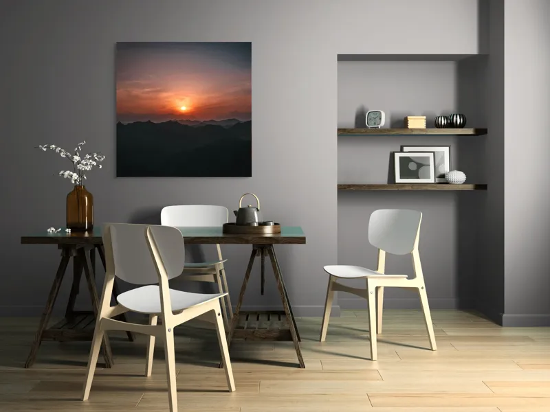 Tablou Canvas, "Soarele apus peste munții misterioși", Apus, Munți, Siluetă, Cer, Noros, Portocaliu, Calm, Întindere, Umbre., 100 x 100 cm – poza 6