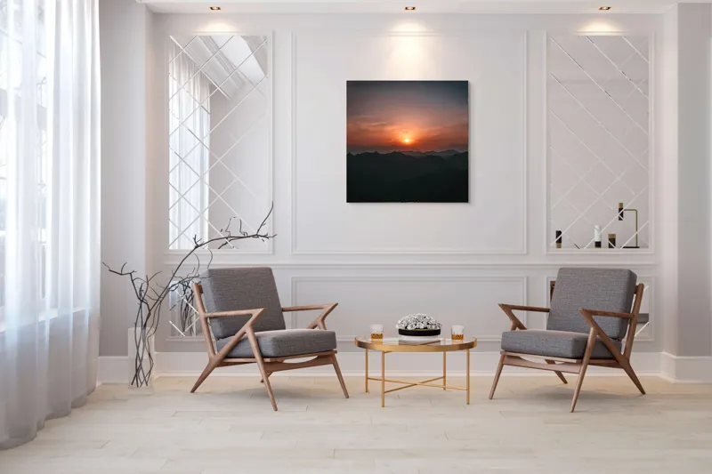 Tablou Canvas, "Soarele apus peste munții misterioși", Apus, Munți, Siluetă, Cer, Noros, Portocaliu, Calm, Întindere, Umbre., 100 x 100 cm – poza 7