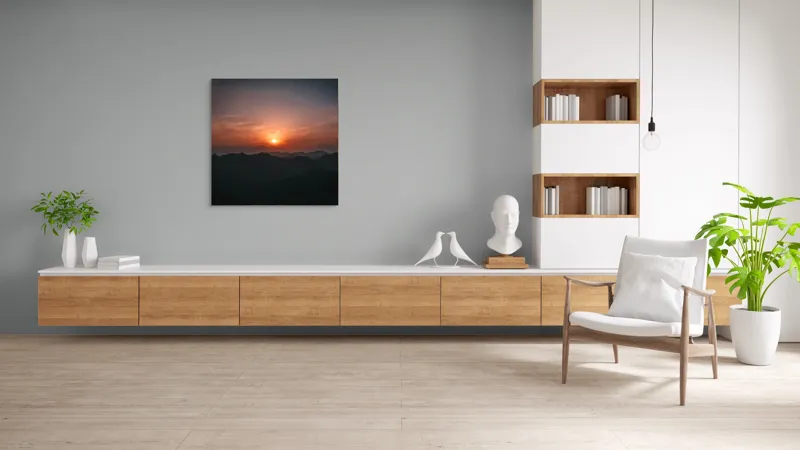 Tablou Canvas, "Soarele apus peste munții misterioși", Apus, Munți, Siluetă, Cer, Noros, Portocaliu, Calm, Întindere, Umbre., 100 x 100 cm – poza 8