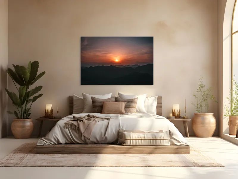 Tablou Canvas, "Soarele apus peste munții misterioși", Apus, Munți, Siluetă, Cer, Noros, Portocaliu, Calm, Întindere, Umbre., 150 x 100 cm – poza 4