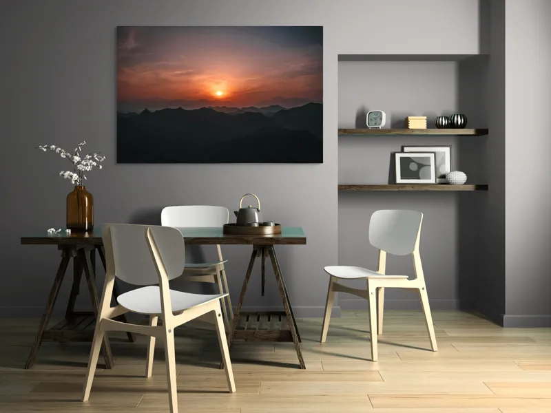 Tablou Canvas, "Soarele apus peste munții misterioși", Apus, Munți, Siluetă, Cer, Noros, Portocaliu, Calm, Întindere, Umbre., 150 x 100 cm – poza 5