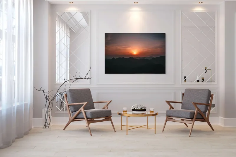 Tablou Canvas, "Soarele apus peste munții misterioși", Apus, Munți, Siluetă, Cer, Noros, Portocaliu, Calm, Întindere, Umbre., 150 x 100 cm – poza 7