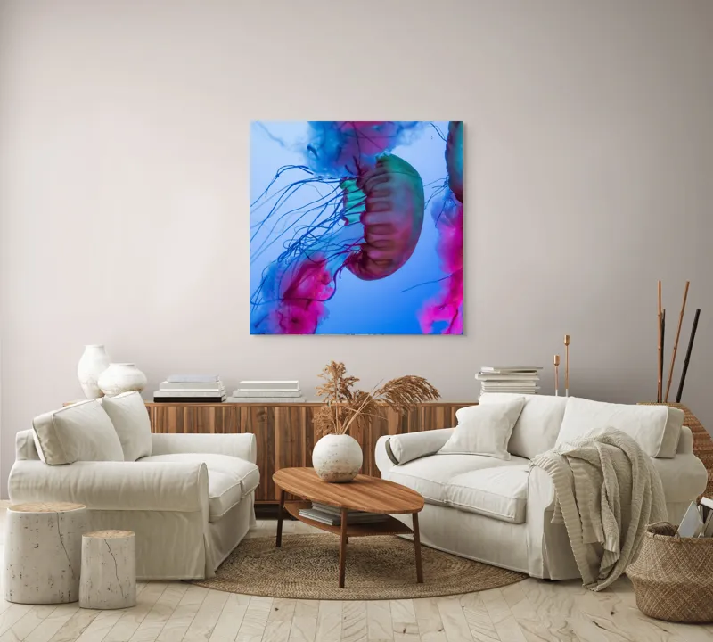 Tablou Canvas, "Dansul meduzelor în lumina oceanului", Meduze, Culori, Strălucire, Albastru, Roz, Tentacule, Apă, Lumină, 100 x 100 cm – poza 3