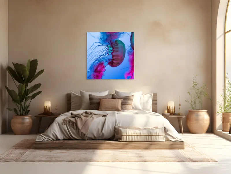 Tablou Canvas, "Dansul meduzelor în lumina oceanului", Meduze, Culori, Strălucire, Albastru, Roz, Tentacule, Apă, Lumină, 100 x 100 cm – poza 4